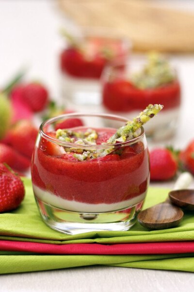 Strawberry & Ricotta Trifle with Pistachio Brittle & Vermouth Strawberries