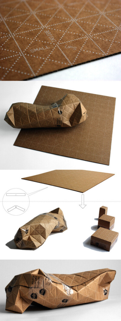 Patrick Sung设计的超实用瓦楞纸板，通过三角形之间的折叠可以很容易做成自己想要的包裹形状。
