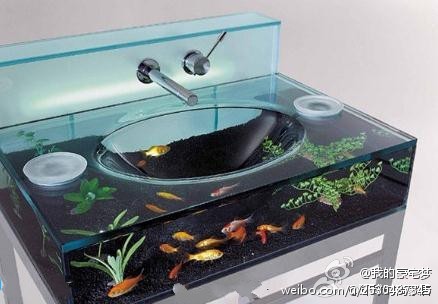 设计师将鱼缸设计成洗手台的样子，每天洗脸洗手的时候就可以欣赏鱼的游动，水槽的两侧都有白色的盖子，可以打开进行喂鱼。它还配备了一个水槽的水过滤系统，循环水、充氧和照明。