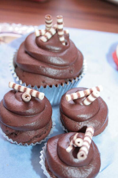 double chocolate cupcakes with creamy chocolate frosting.