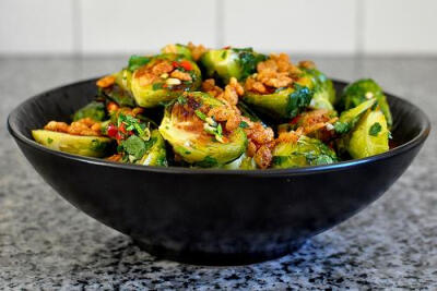 Vietnamese Spicy Brussels Sprouts with Mint and Cilantro