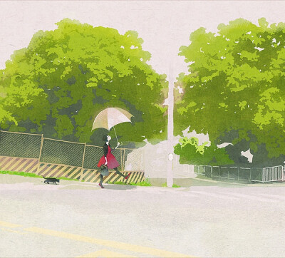 撑伞走在绿色的夏日里