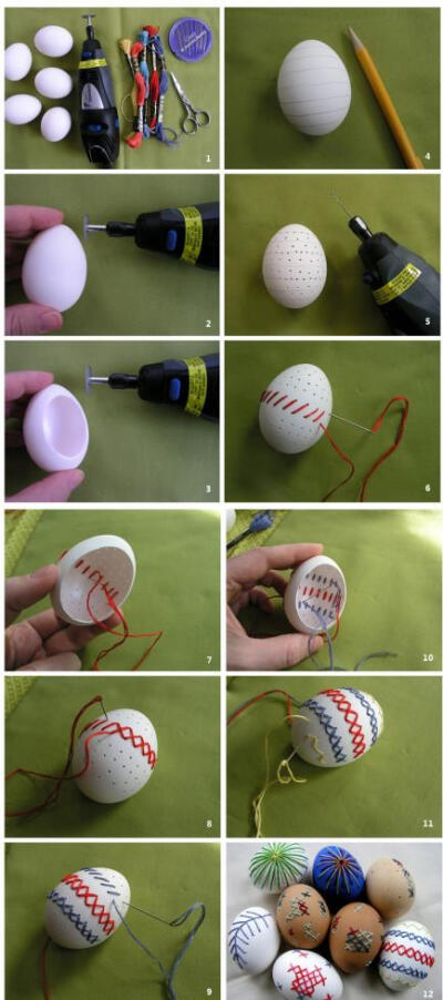 鸡蛋十字绣的奥秘：1：需要的工具和材料（蛋壳若干，钻，绣线，针，剪刀）2：在蛋壳上钻个洞。3：把蛋清蛋黄取出。4：用铅笔定位5：在用钻打几个小洞！（如图）6：把铅笔稿擦掉，可以开始绣啦！7.8.9：直接绣上喜欢…