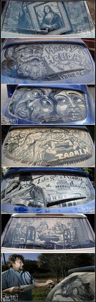 美国画家Scott以自己汽车后窗玻璃上的灰尘为画布，用传统的绘画工具将其绘成一幅幅经典图画。