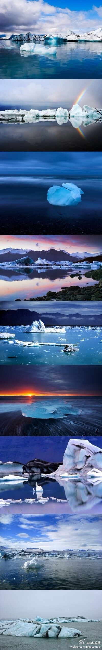 【冰岛.绝美的冰川泻湖】这里，曾是《泰坦尼克号》外景地，洁白中透着雍容高贵的淡蓝色，试与晴空中漂浮的白云争相媲美，堪称大自然的鬼斧神功。