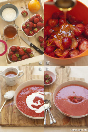 原料：800克草莓、3汤匙蜂蜜、橙子皮切丝、2/3杯酸奶、1/2杯鲜橙汁～步骤：8只草莓切片用作装饰。剩余草莓加入蜂蜜、橙皮后搅匀腌制15分钟。接着用搅拌器搅拌至柔滑状。倒入酸奶和橙汁，并搅匀。冷藏一会，撒上草莓切片。完成！