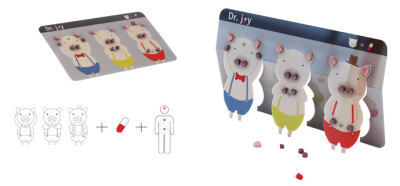 给小孩子设计的药片包装，三只小猪的故事大家都熟悉啊。那猪耳朵，猪鼻子，现在都用药片装饰啦，哄哄小盆友轻松无压力！