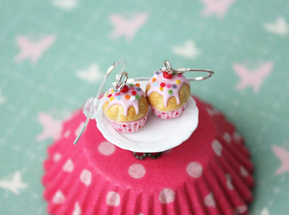 Cupcake Earrings - Pink and Raspberry Dots - Cupcake Collection