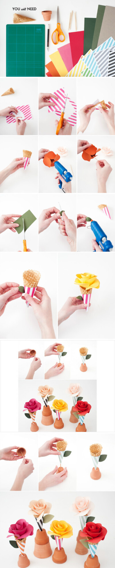 紙玫瑰+冰淇淋筒=可愛玫瑰束