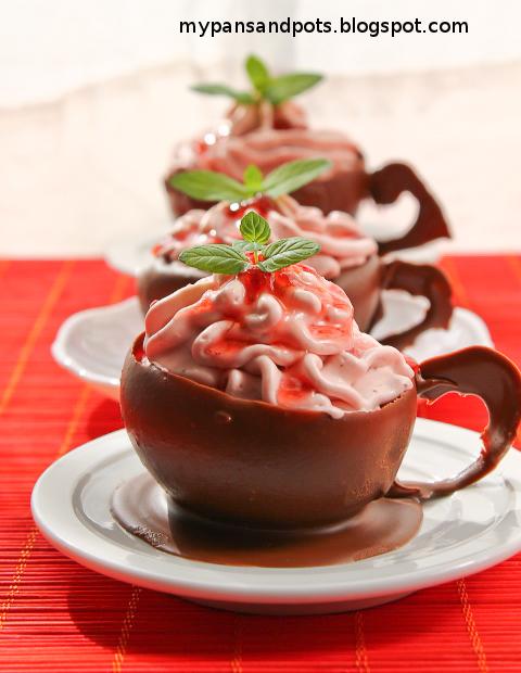 chocolate cups with strawberry mint mousse.