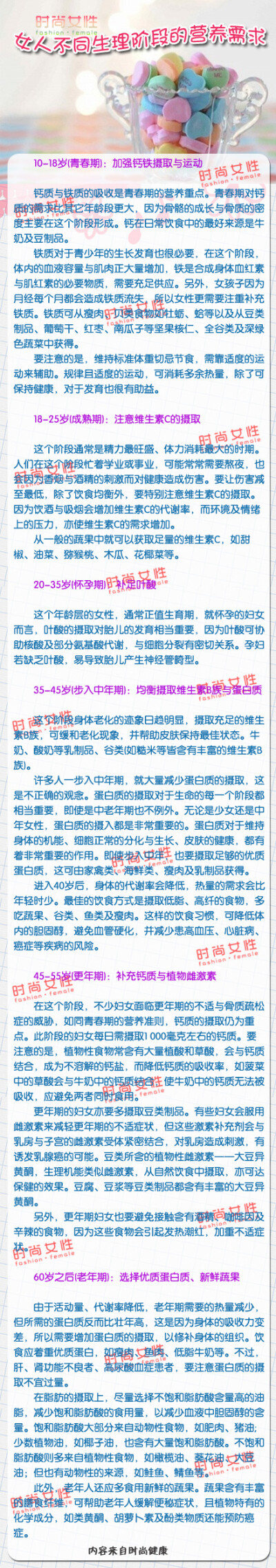 【女人不同生理阶段的营养需求】不论在哪个年龄阶段，均衡的饮食习惯都非常重要，科学的饮食习惯加上规律的生活方式会使女人容光焕发，常保健康哦！