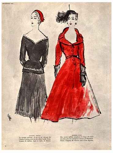 Jacques Griffe (l) and Jacques Fath (r) illustrated by Eric, 1952