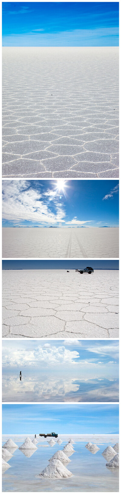 乌尤尼盐沼（Salar de Uyuni）：位于玻利维亚西南部天空之镜的乌尤尼小镇附近，是世界最大的盐沼。东西长约250公里，南北宽约100公里，面积达10,582平方公里，盛产岩盐与石膏。据考证，数百万年前这里是一片汪洋大海…