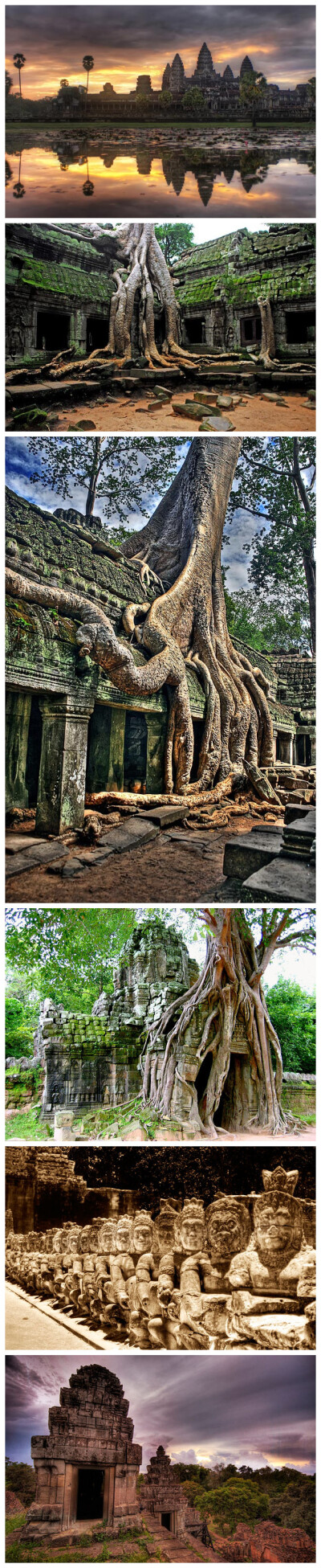 吴哥窟：又称吴哥寺，位在柬埔寨西北方。原始的名字是Vrah Vishnulok，意思为“毗湿奴的神殿”。中国古籍称为“桑香佛舍”。它是吴哥古迹中保存得最完好的的庙宇，以建筑宏伟与浮雕细致闻名于世，也是世界上最大的庙…