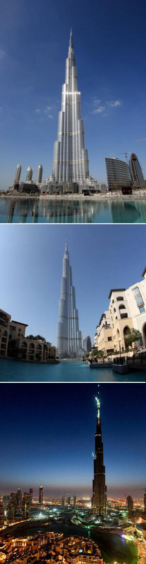 【迪拜--哈利法塔】     哈利法塔（Burj Khalifa Tower）原名迪拜塔（Burj Dubai），又称迪拜大厦或比斯迪拜塔，是位于阿拉伯联合酋长国迪拜的一栋已经建成的摩天大楼，有160层，总高828米，比台北101足足高出320米。迪拜塔由韩国三星公司负责营造，2004年9月21日开始动工，2010年1月4日竣工启用，同时正式更名哈利法塔。
