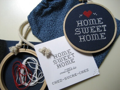 do it yourself x-stitch pattern and materials kit (home sweet home) blue OR red background fabric