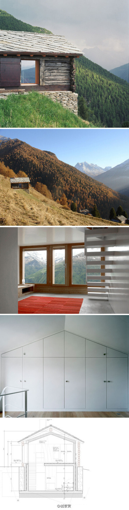 SHELTER IN THE SWISS ALPS : personeni raffaele schärer architects ｜这个度假屋是由一个圈养家禽的简陋木房改建而成，落地窗外醉人的阿尔卑斯山景色是这房子的唯一装饰。有心人可以 看看 下面的图纸