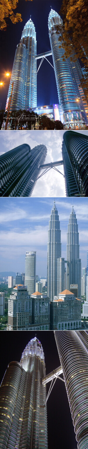 【吉隆坡-石油双塔】 吉隆坡石油双塔坐落于吉隆坡市中市(Kuala Lumpur city centre) 简称KLCC计划区的西北角，属于此计划区的第一阶段工程。曾经是世界最高的摩天大楼，直到2003年10月17日被台北101超越，但仍是目前世界最高的双塔楼，也是世界第四高的大楼。