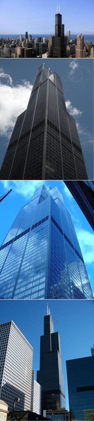 【芝加哥-西尔斯塔】 西尔斯大厦 位于美国伊利诺伊州的芝加哥市，是上个世纪世界最高的建筑之一。它是为西尔斯一娄巴克公司建造的，于1973年竣工。