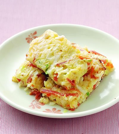 蔬菜米蛋餅 【材 料】 白飯 80公克 雞蛋 5顆 魷魚 30公克 火腿 20公克 高麗菜 30公克 胡蘿蔔 10公克 蔥花 30公克 【調 味 料】 鹽 1/8茶匙 白胡椒粉 1/8茶匙