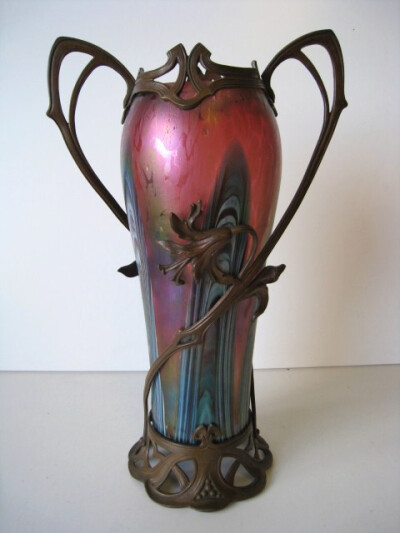 Rindskopf Art Nouveau glass and Spelter Vase - ca. 1890