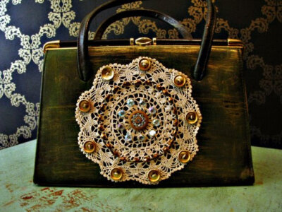 Tea with Madeleines - Vintage Bag Upcycled Embroidery SALE