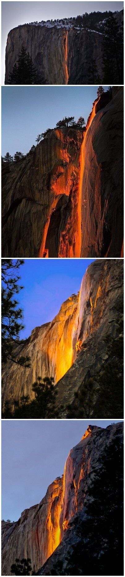 马尾瀑布（Horsetail Falls） 位于约美国塞米蒂国家公园（Yosemite Park）内，每年只有二月份的几天，当太阳与瀑布达到一定的角度是就会出现这种奇观，犹如瀑布着火一般