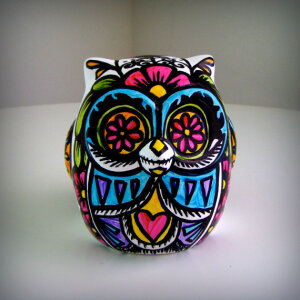 Ceramic Owl Painted Day of the Dead Tattoo Hearts Flowers  Folk Home Decor Sculpture  Black White Pink Green Yellow Blue by sewZinski 欢迎关注微信订阅号nonodesign,获取更多艺术灵感~