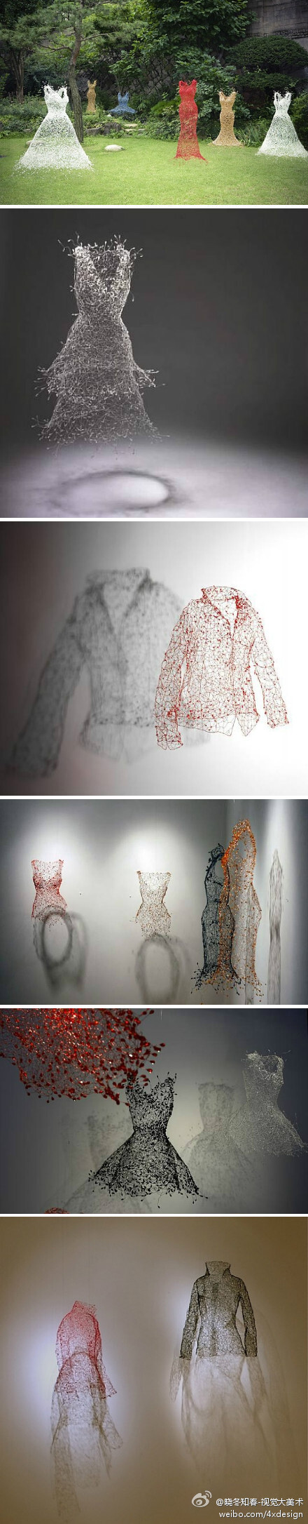 韩国艺术家Keysook Geum仅仅用铁丝完成了这组生动而轻盈的晚装雕塑系列。泡沫一般的悬浮着。看不见衣服的主人，但这些衣服却仿佛是活的。晓冬知春