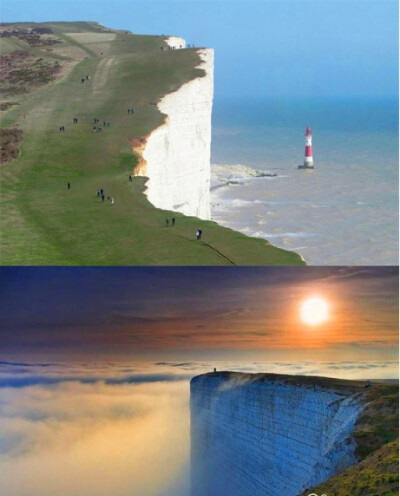 大自然的神作——多佛白崖。位于英国英吉利海峡比奇角，一片长达5公里的白色悬崖，由细小的海洋生物以每年0.015毫米的速度持续1600万年以上沉积而成。在500英尺高的悬崖上向远处眺望，你是否会有到了世界尽头的感觉…