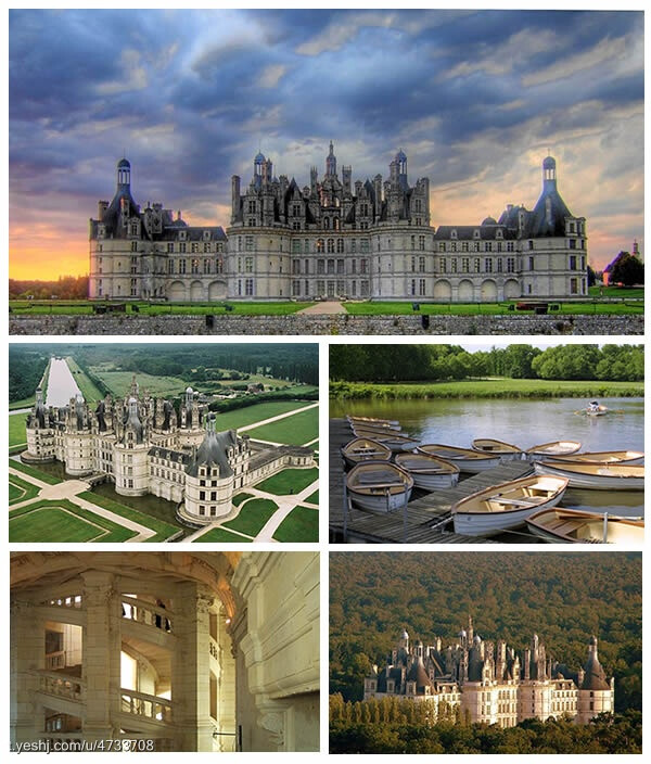 【香波尔城堡】位于被称为“法国的花园”的卢瓦尔河流域，其城堡群（300多座城堡）中最大的城堡，环境迷人，森林面积足有一个巴黎市大小。建筑融合了传统法国中古时代的形式与古典意大利的法国文艺复兴建筑。最为有名的设计即是由达芬奇设计的双螺旋梯。沿着卢瓦河看城堡，一直是游法国不错的线路哦！