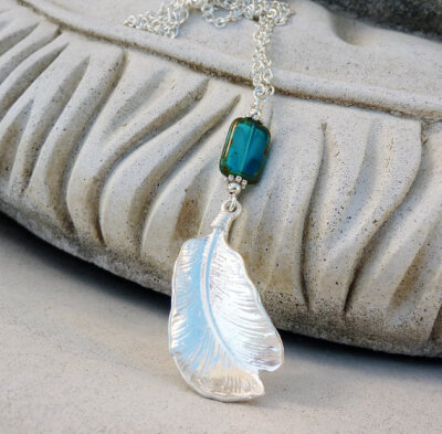 Silver Feather Long Boho Bohemian Necklace