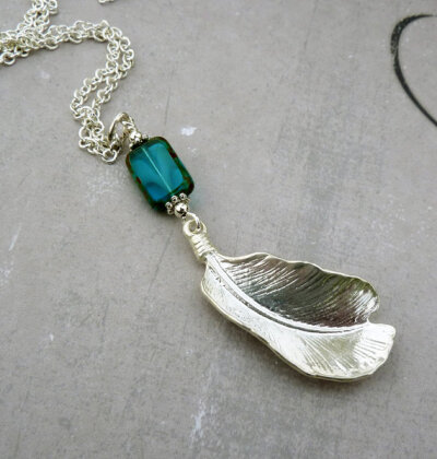 Silver Feather Long Boho Bohemian Necklace