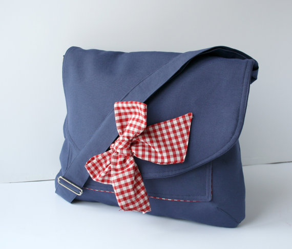 Navy Blue Cotton Fabric Messenger Bag Red and White Checked Bow Adjustable strap