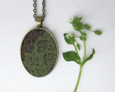 The Forest Floor Necklace, Moss Green Woodland Jewelry, Brown, Spring, Nature, Garden, Lace