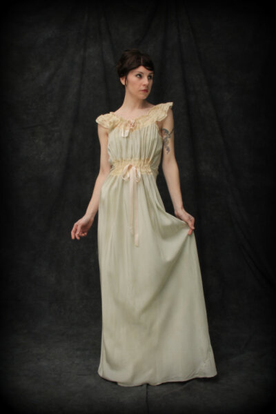 Antique Grecian Gown . Pure Silk . Crochet Lace . Pink Ribbon . early century