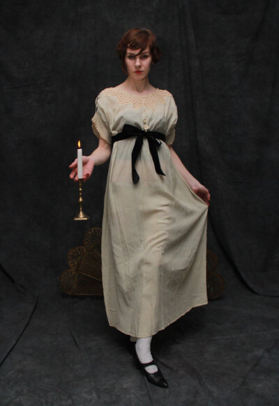 Antique Raw Silk Gown . Crochet Collar . Black Velvet Sash