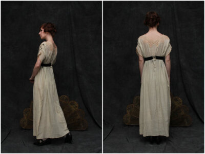 Antique Raw Silk Gown . Crochet Collar . Black Velvet Sash