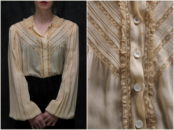 Vintage Sheer Silk Blouse . Chevron Lace Front . 1940s