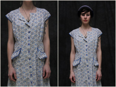 1940s Blueberry Print Day Dress . Cute Cotton Frock . Dust Bowl Day Wear