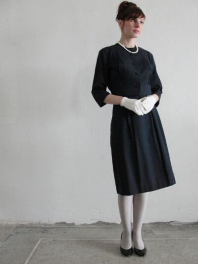 Vintage 1950s Navy Dress 1960s . Wiggle Gown Matching Jacket Two Piece . Mad Men