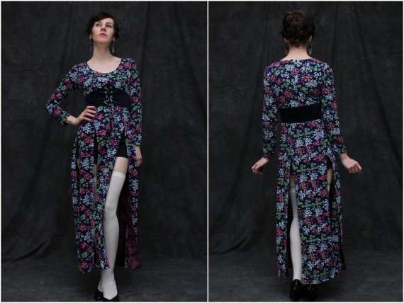 Vintage Slit Dress . Hippie Boho . Velour . Floral Print . Navy and Purple . 1960s 60s