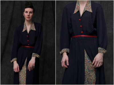 Vintage Navy Gown . Floral Accents . Shirtwaist . early 1940s