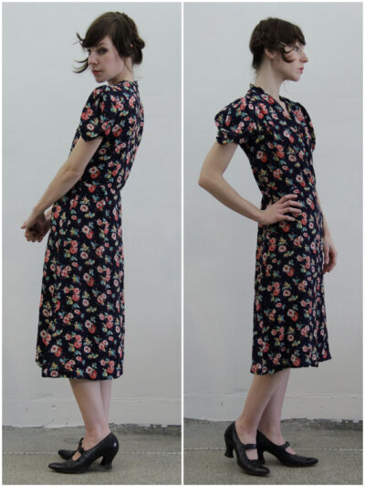 1920s Flapper Dress . Navy with Floral Print . Antique Gown