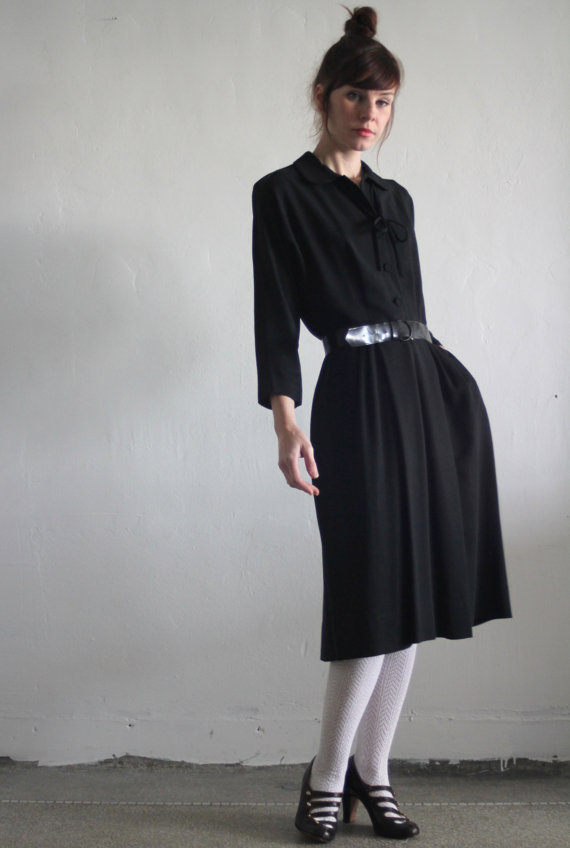 1940s Rayon Dress . Peter Pan Collar . Pussy Bow . Black Cocktail Gown . LBD