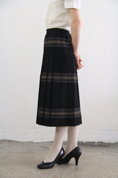 Vintage Wool Skirt . Black Plaid . Stripes . Early 1990s