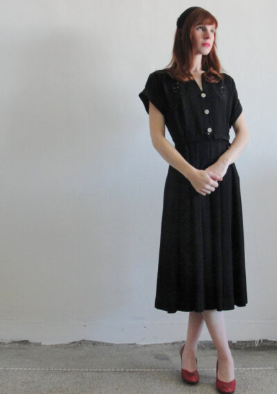 Vintage 1940s Black Rayon Beaded Applique Cocktail Dress