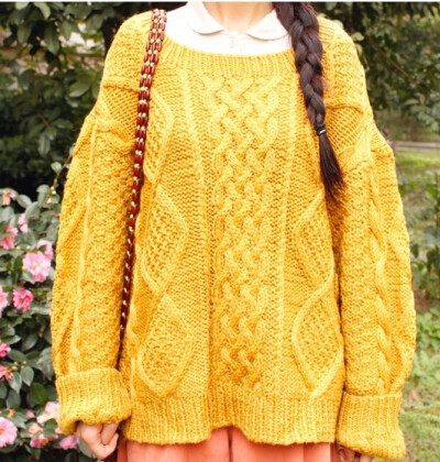 姜黄色 麻花编织 复古着套头毛衣
