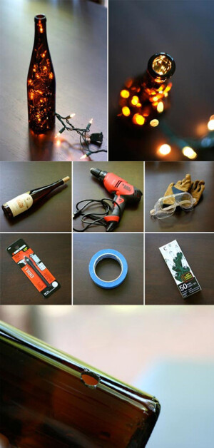 喝完的红酒瓶，在其靠近底下的部分钻出一个孔，将不用的圣诞灯链塞入其中，通电后，两个本身很简单的东东配合之后，灯链的光也变得美丽起来。