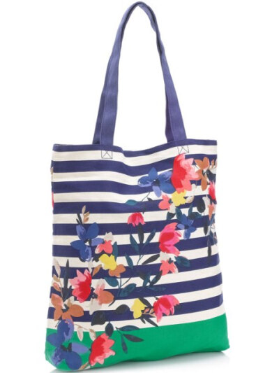 Accessorize 海军风，蓝色条纹花朵购物包/环保包